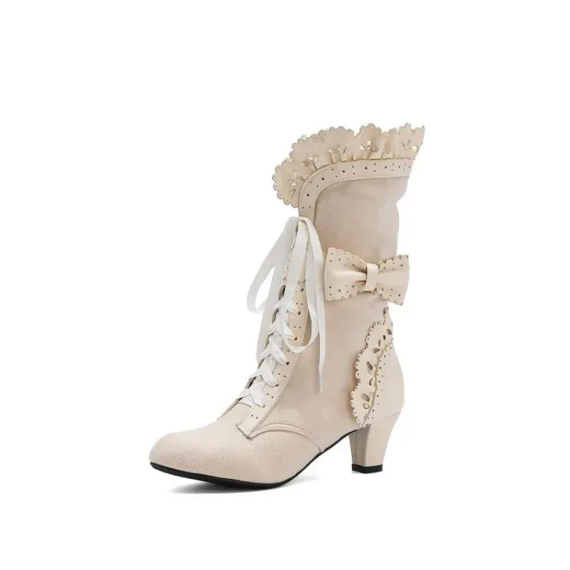 Herbst Winter Vintage Frauen Viktorianischen Stiefel Lace Up High Heel Bootie Rüschen Trim Lolita Prinzessin Cosplay Tee Party Kostüm Schuhe
