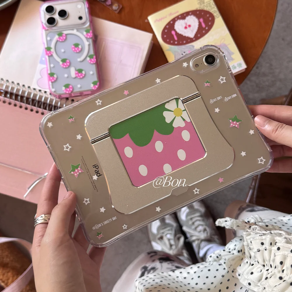 Ins Strawberry Star Foldable Stand Cover For iPad Pro 13 11th M5 M4 12.9 A16 11 12th Air 5 7 8 M2 M3 Mini Shockproof Tablet Case