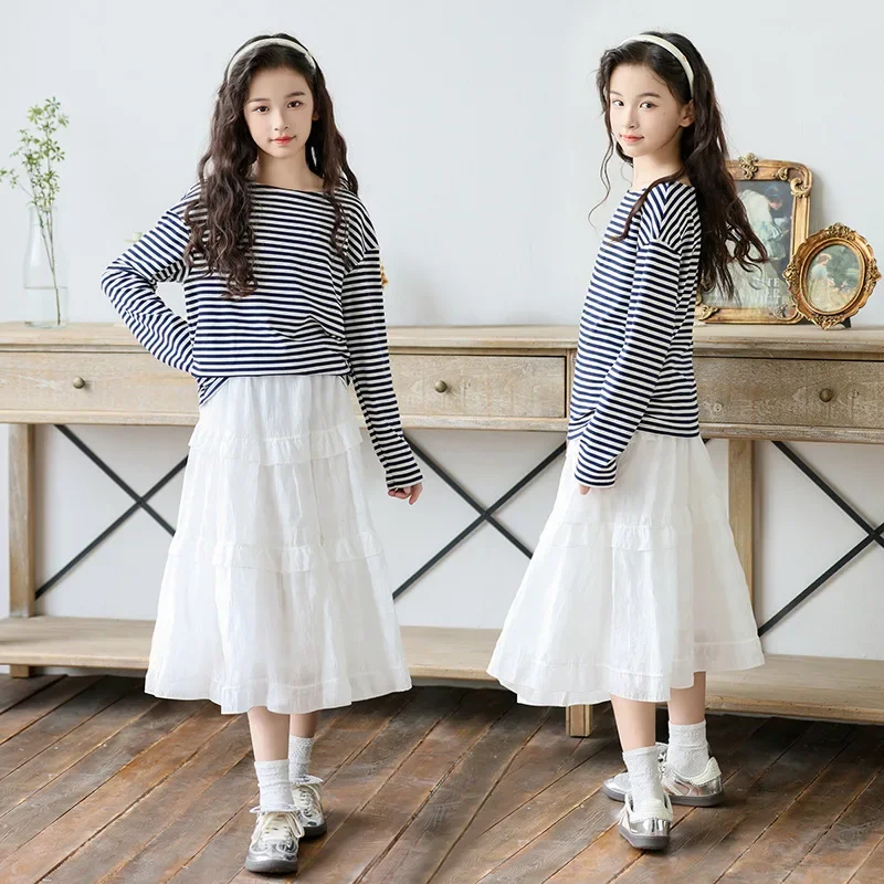 

2025 Spring Autumn School Girl Clothing Set Teenager Girl Stripe Long Sleeve Tops+Chiffon Midi Skirt Sets For Children