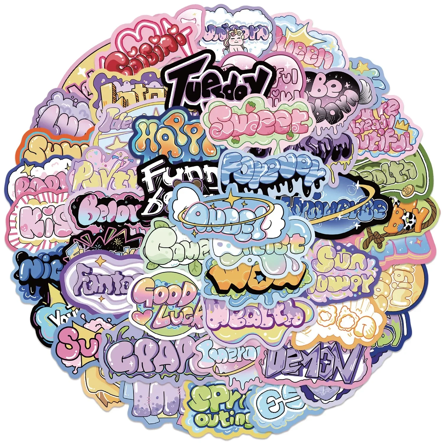 50pcs Ins Style Cartoon Graffiti Text Stickers To Decorate Guitar Laptop Suitcase DIY Waterproof Party Stickers