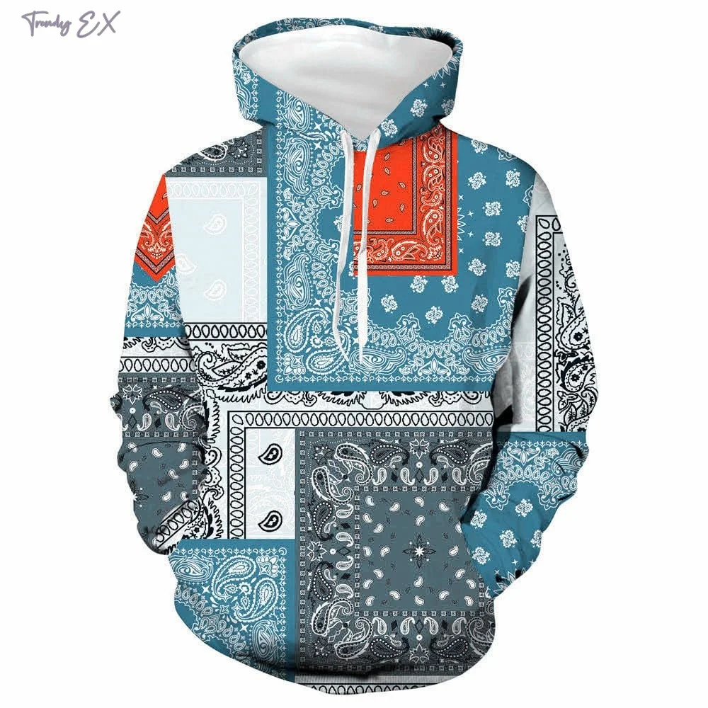 2024 New Sweatshirt Unisex Retro Bandana Print Cool Hoodies Fashion Patchwork Pattern Design Kangaroo Pocket Men\'s Sweatshirt