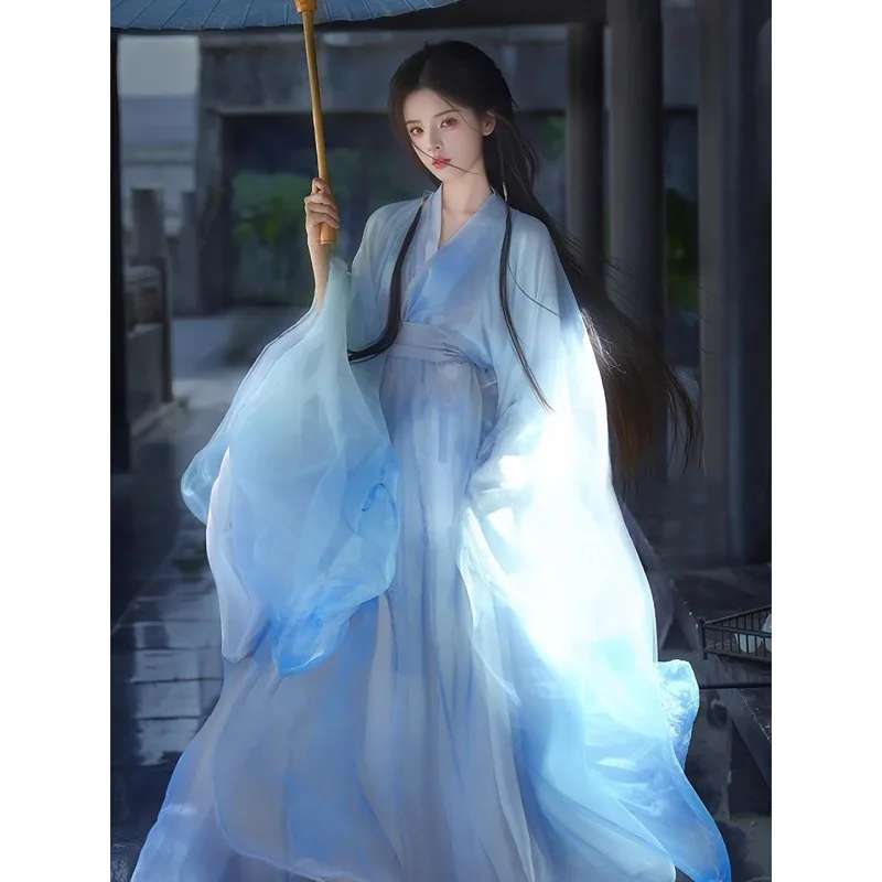 

2026 blue Wei Jin Qing cold wind Hanfu, adult large-sleeved shirt, northern and southern dynasties collar skirt