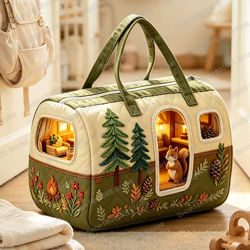 Camping Car Shape Handbag Cute Squirrel Travel Duffle Bag Top Zipper Large Capacity Storage Tote Bags Women Outdoor Short Trip