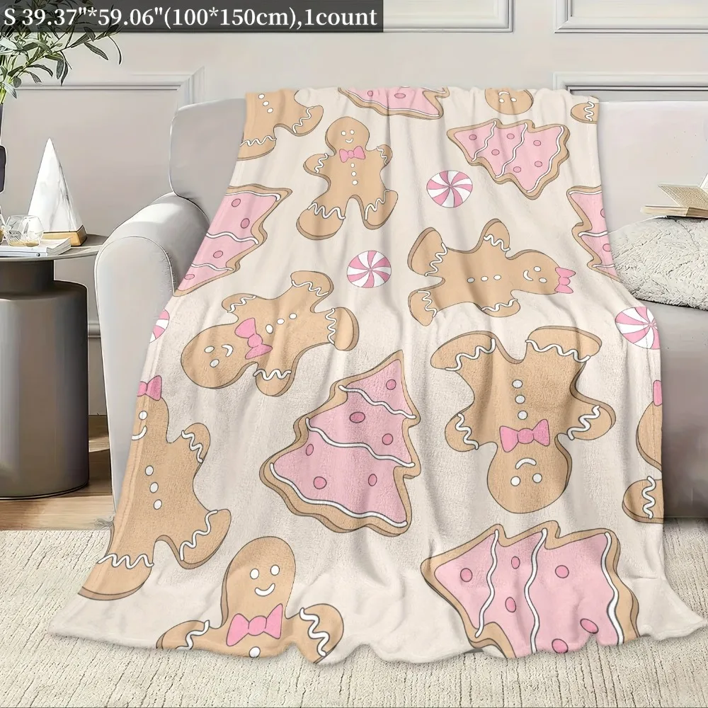 

1pc Pink Marry Christmas Blanket Lovely Gingerbread Man Print Flannel Blanket for Home Living Room Decor New Year Christmas Gift