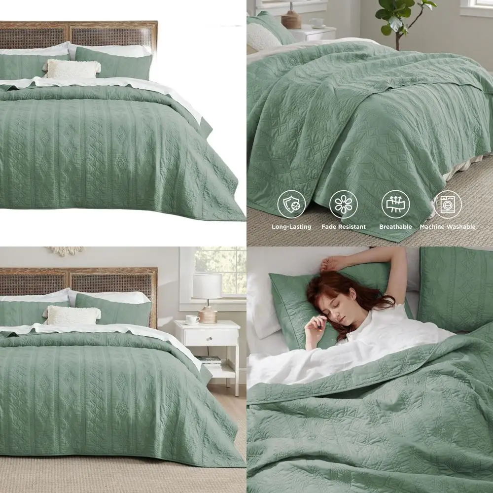 

Комплект хлопковых одеял Cozy Sage Green — легкое покрывало размера «queen-size» из трех предметов с подушкой Шамс, геометрический узор, 90x96 дюймов
