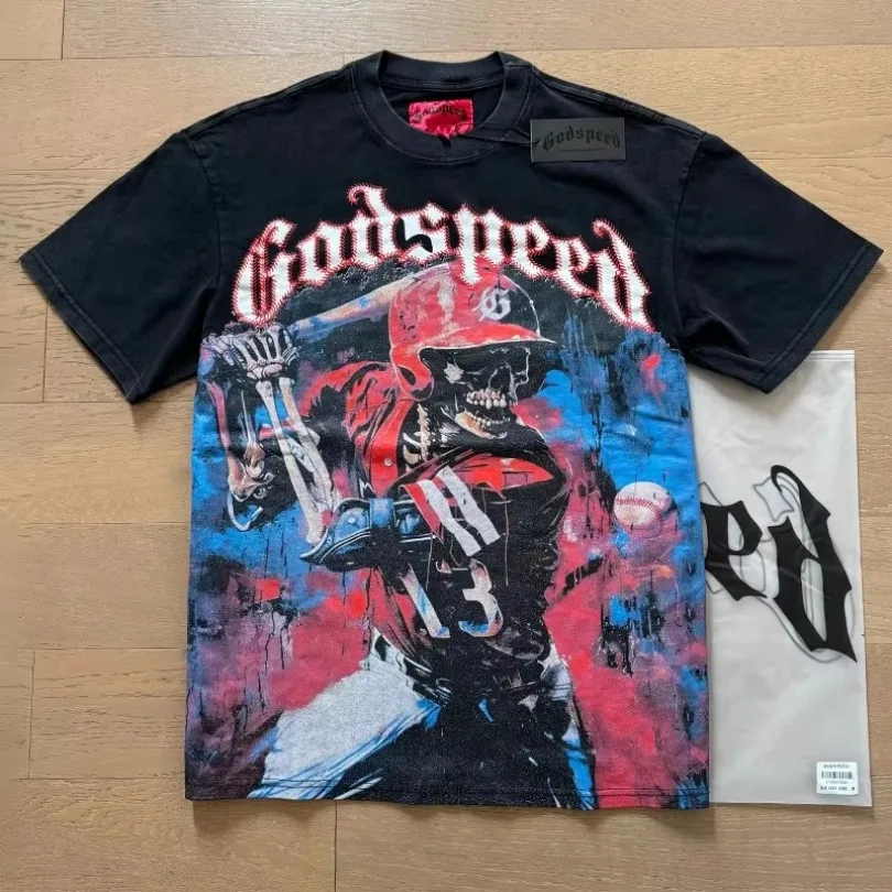 Good Quality Godspeed Fashion T-shirt Men Rock Street Vintage Washed Skeleton Baseball Player Print Round Neck God Speed Shirts