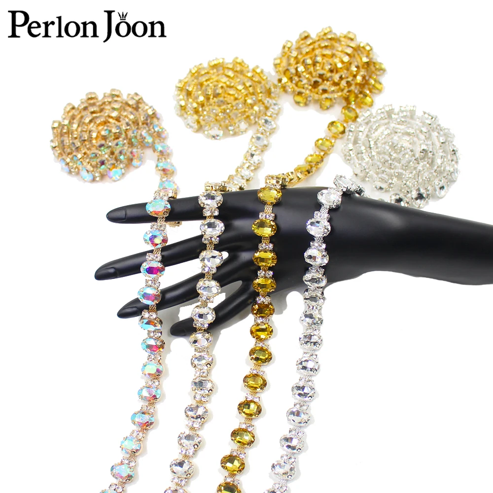 1 yards Multiple color oval glass Crystal Metal Chain Clothing Shoe Decorative Accessories Rhinestone Trim Chain ML182