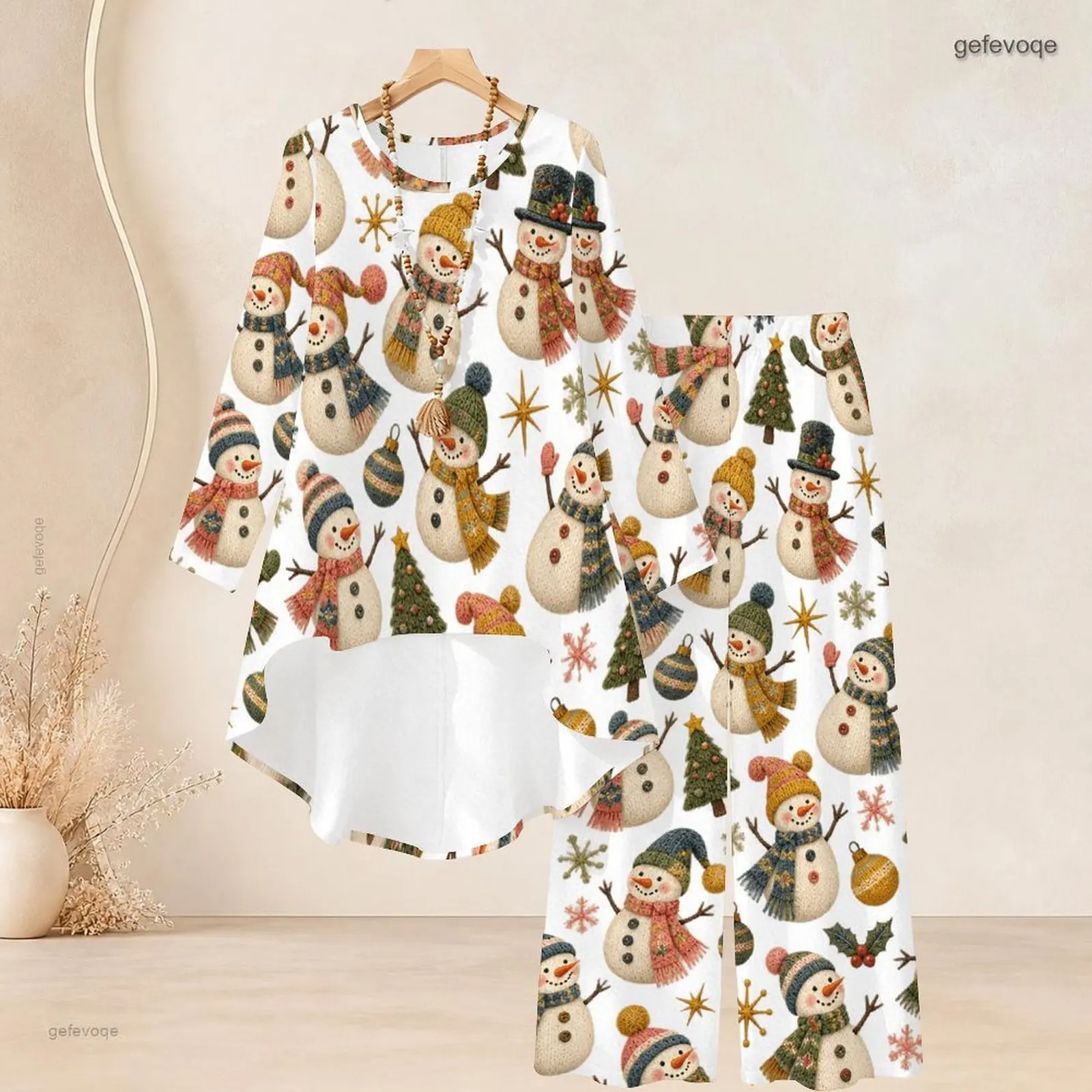 Women Printed Gingerbread Cat Candy Cane Holly Pattern Round Neck Top And Wide Leg Pants Two Piece Set