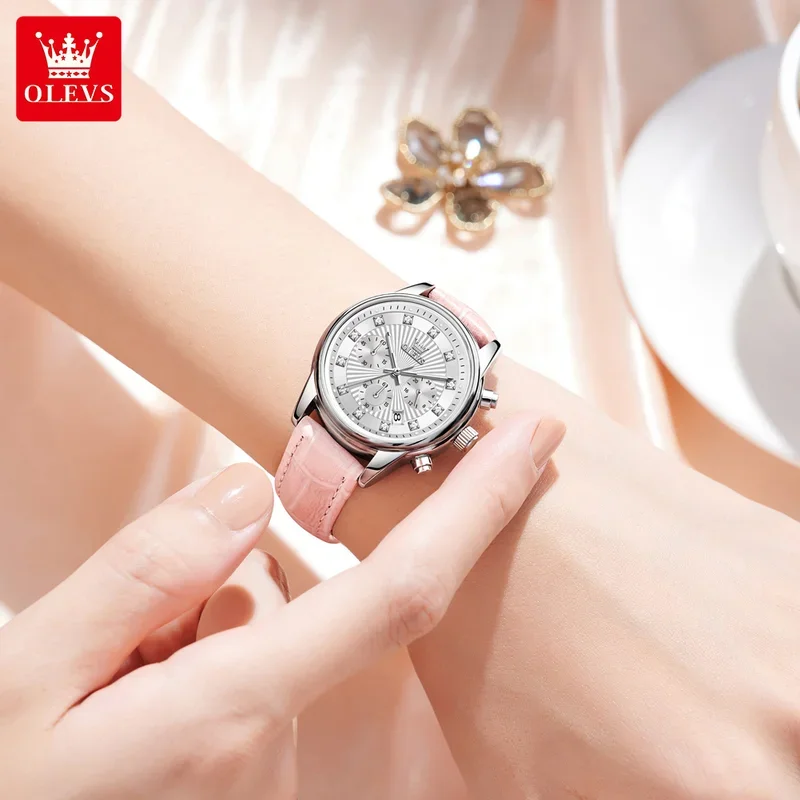 OLEVS Leather Strap Original Quartz Watch for Women Diamond Dial Classic Chronograph AutoDate Waterproof Women's Wristwatch 3669