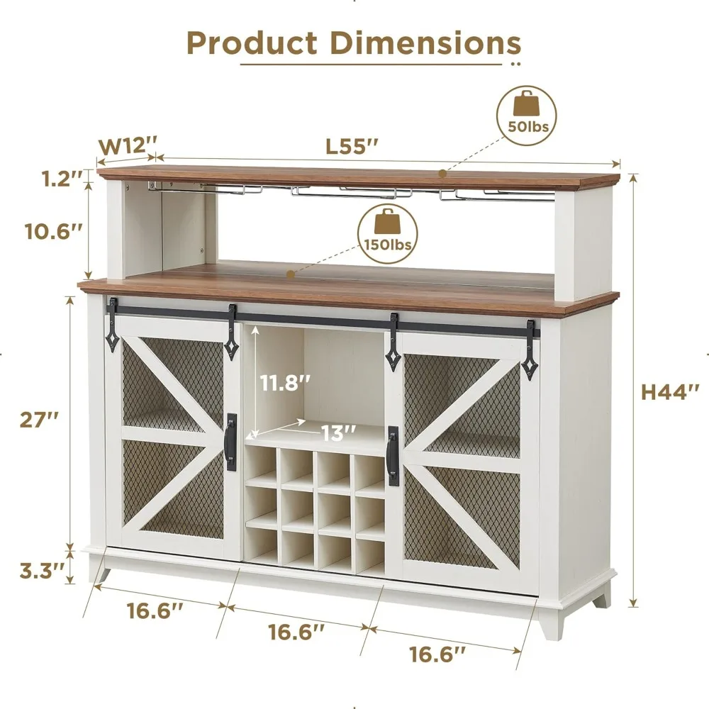 Cabinet with LED Lights, 55" Sideboard Buffet Table W/Sliding Barn Door & Wine and Glass Rack, Sturdy and Durable, Cupboard