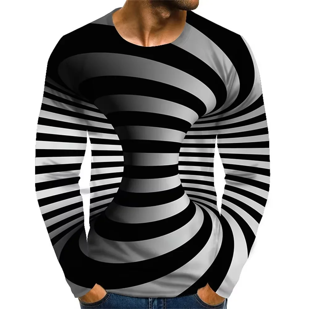 Fashionable Men's Printed T-shirt Optical Illusion Round Neck Long Sleeved Street Harajuku Exaggerated Designer Round Neck Top ￼