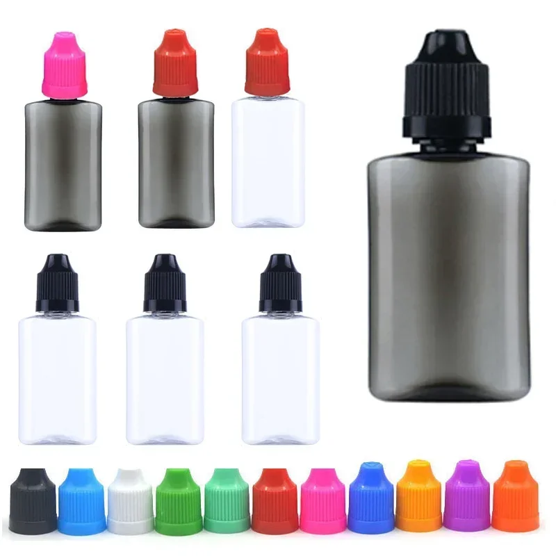 5Pcs 30ML Plastic Empty Flat Dropper Bottles E Liquid Eye PET Clear/Black Water Vials Oils Containers Long Tip Cap w/ Funnels