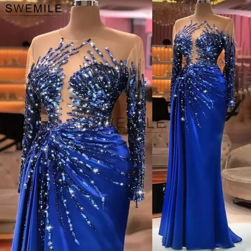 

SWEMILE Luxurious Royal Blue Beaded Crystals Sheer Neck Evening Dress Long Pleat Satin Dubai Saudi Arabic Black Girls Prom Gowns