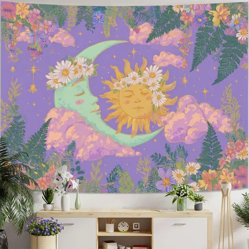 VIKAMA Bohemian Sun and Moon Tapestry Purple Mysterious Aesthetic Wall Mounted Backdrop Fabric Home Decor