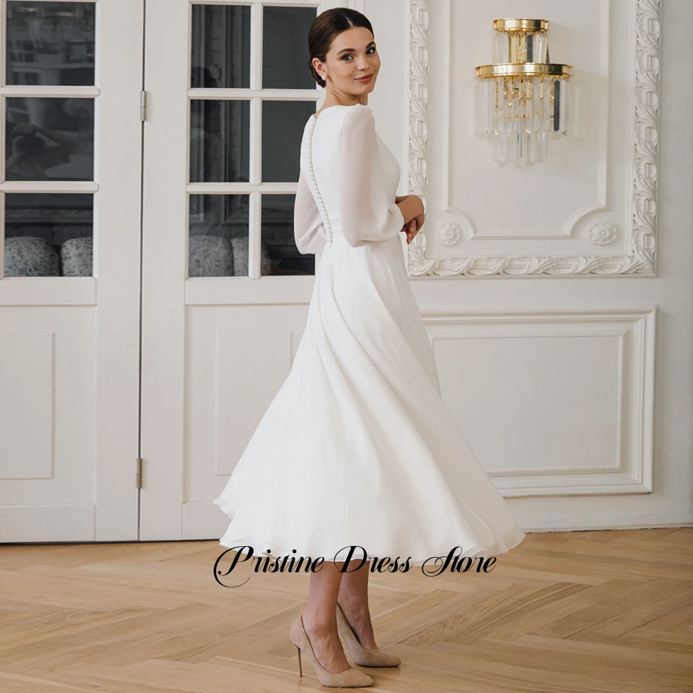 Customized High Quality Wedding Dress Women Simple V-Neck Three Quarter Sleeves A-Line Tea Length Bridal Gowns Vestido De Noia