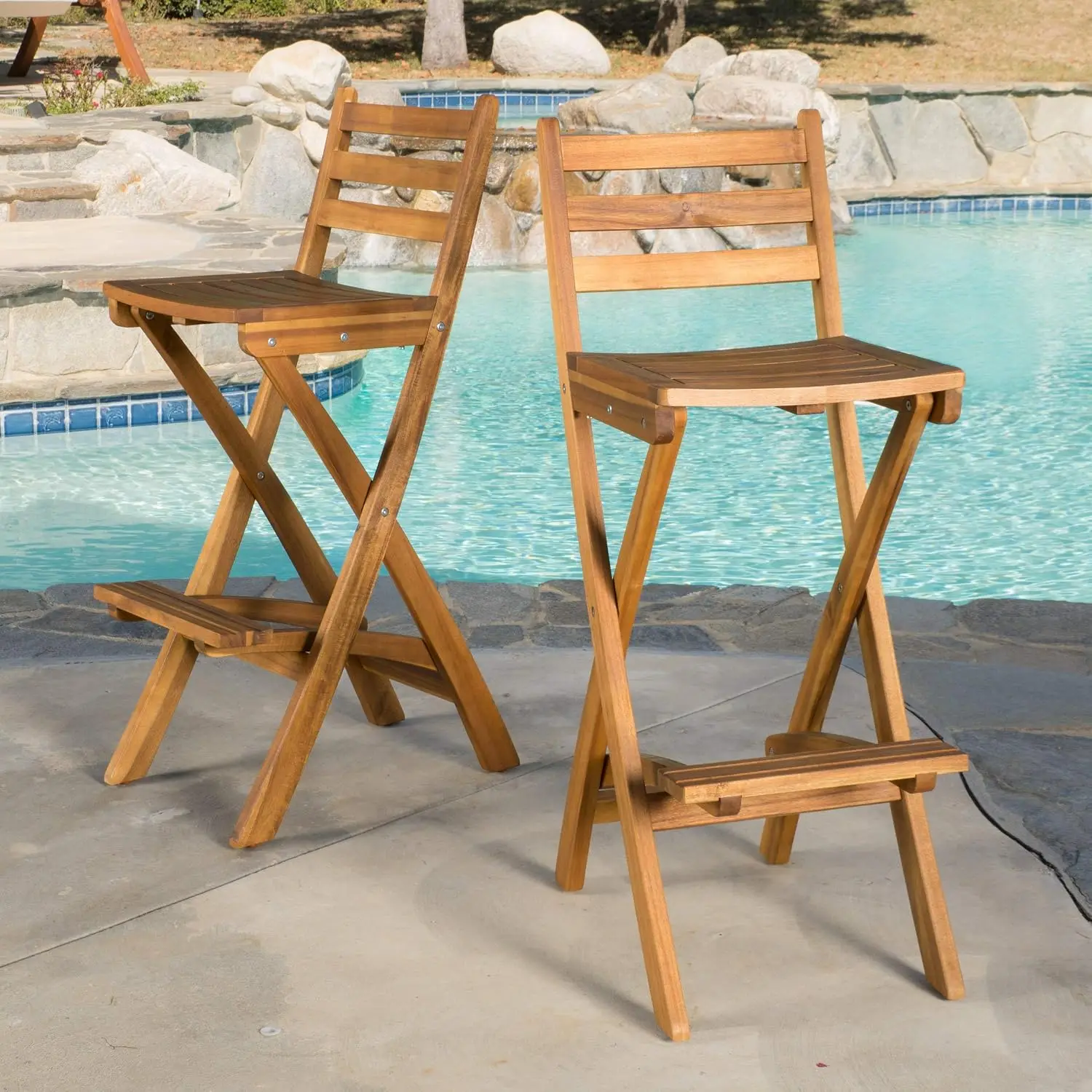 Two Piece Outdoor Folding Wood Bar Stools Acacia Wood Barstool Set Foldable High Dining Chairs For Patio Garden Porch Poolside Yard Natural Teak