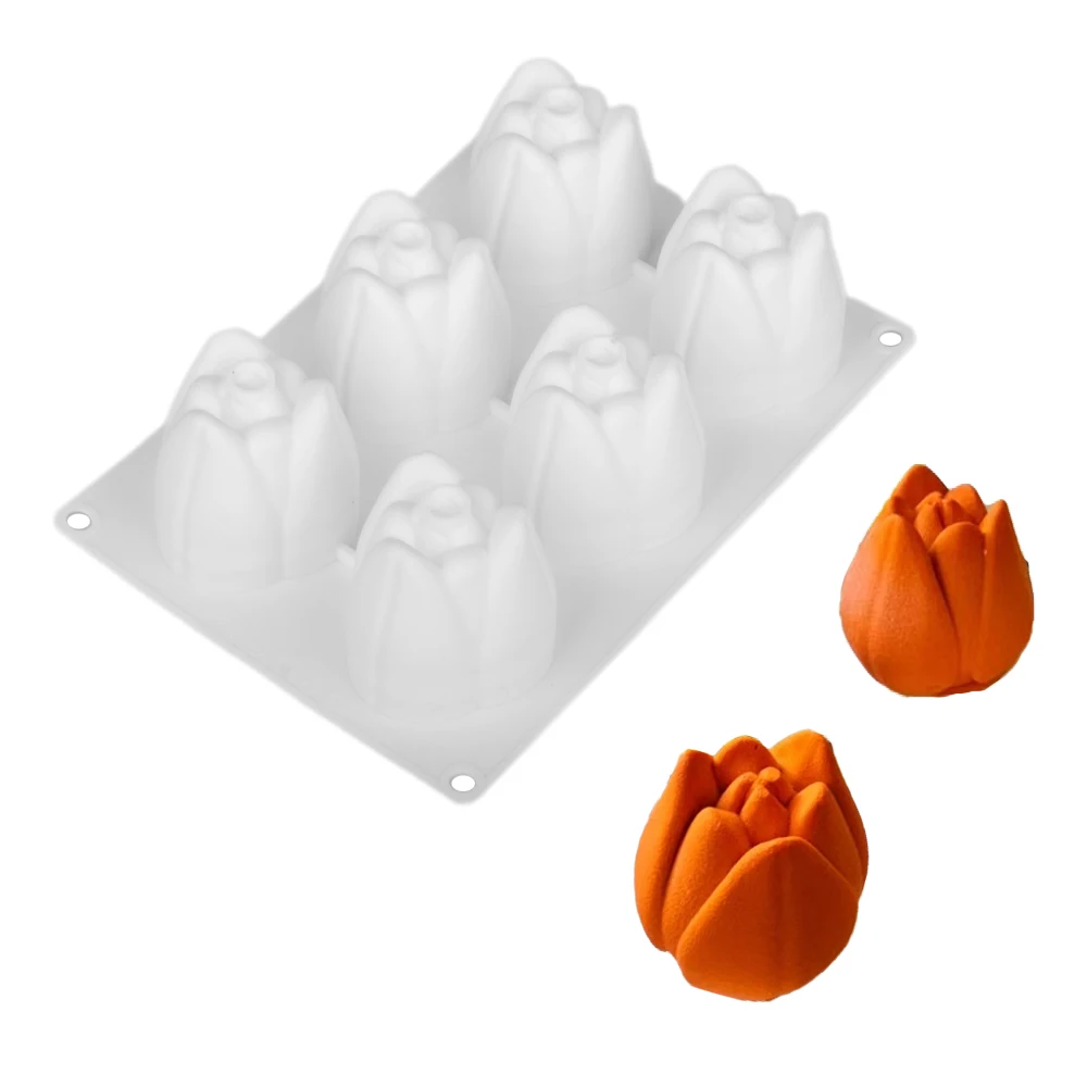 Molde de pastel de mousse de tulipán de 6 cavidades, molde de silicona para postre, pudín de chocolate en forma de flor, molde para hornear de silicona para postre francés