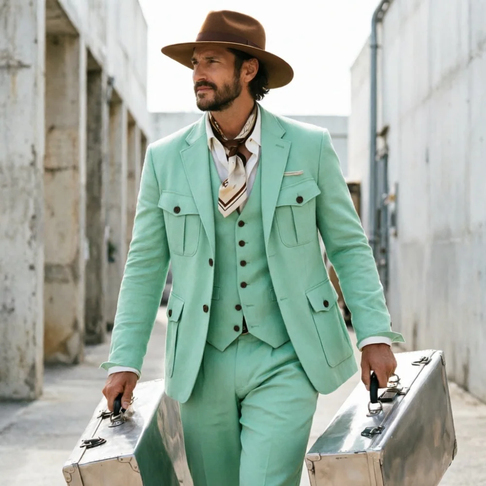 Linen Wedding Suits Safari Men Suit Luxury Cream Suit with Tailored Fit Smart Groom Tuxedo Blazer For Business Banquet 3 Pieces