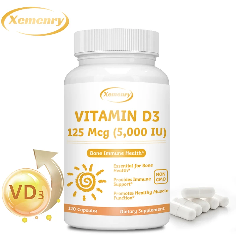 

Vitamin D3 5000IU Capsules - Helps Muscle Nerve Health, Support Bone, Teeth and Skin Heart Health and Promote Calcium Absorption