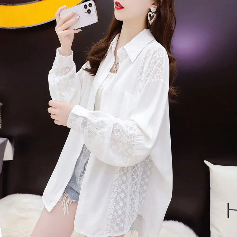Ice Silk Mid-Length Shirt Women's Summer Thin Breathable Loose Sun Protection Outerwear Cardigan Coat Transparent Mesh Lace