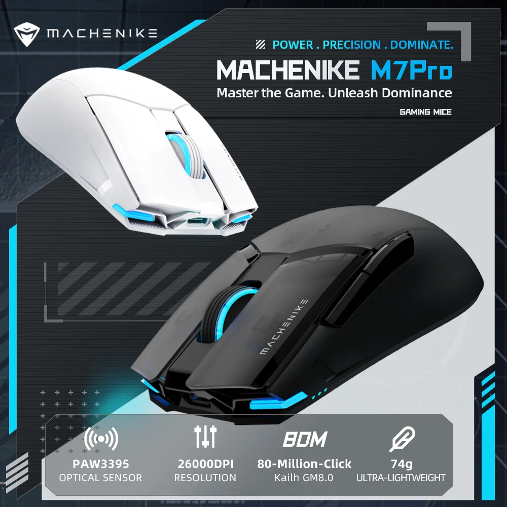 MACHENIKE M7Pro Gaming Mouse Wird/Tri Modes Mouse PAW3395 26000DPI 650IPS 7 Button 74g RGB For Laptop PC Mouse Gamer