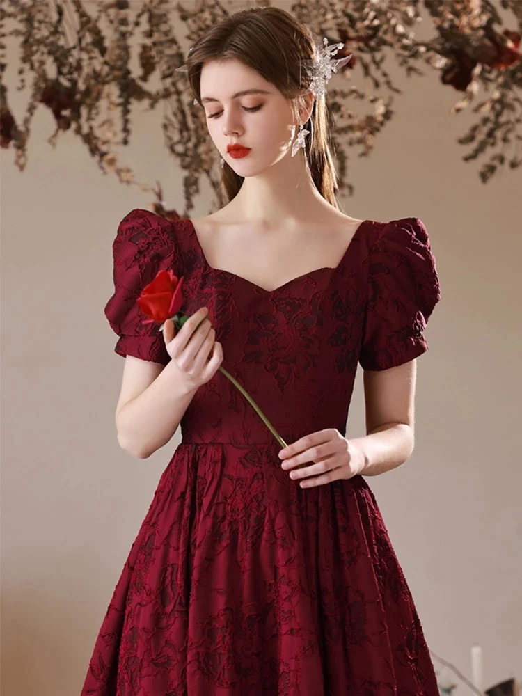 Customized Wine Red Satin Half Sleeve Evening Dresses For Wedding Party Elegant Square A-Line Floor-Length Bride Reception Gowns