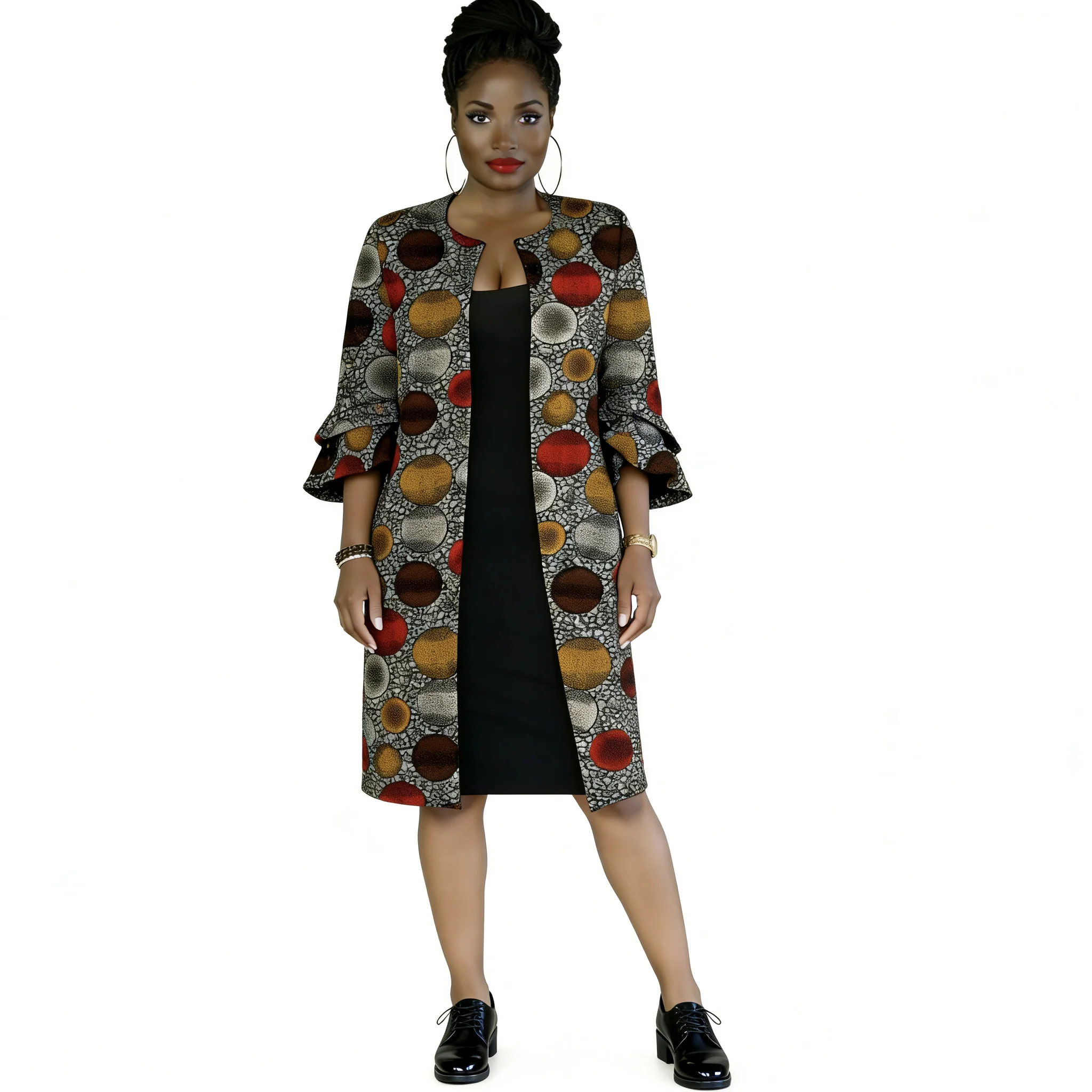

African Ethnic Print Long Coat Women Double Lotus Leaf Sleeve Casual Cardigan Custom-made Fashionable Female Long Coat