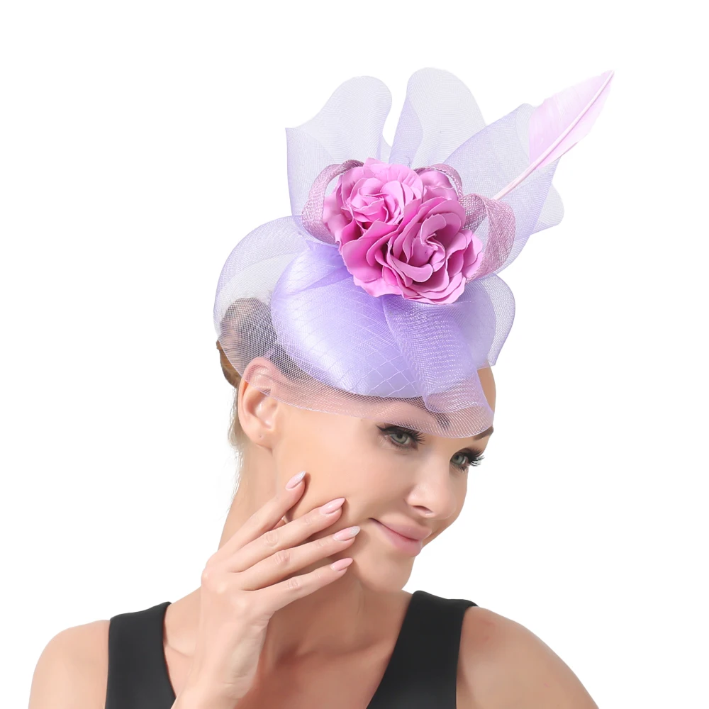 Lavender Fascinator Headpiece With Floral Wedding Hats Women Elegant Fashion Accessories Church Party Dinner Headwear Feathers