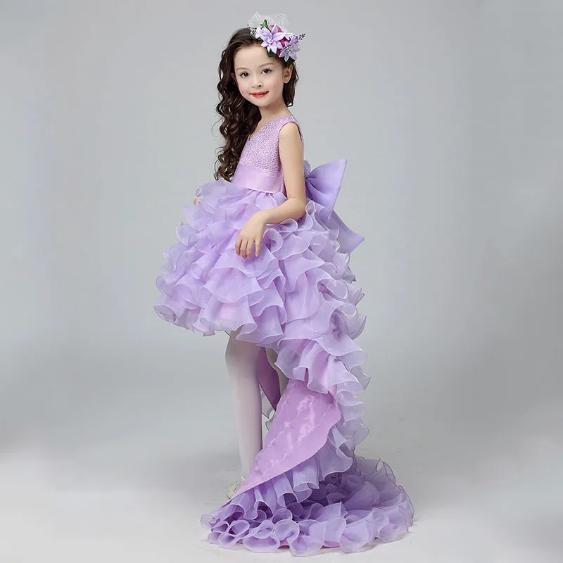 Tiered Detachable Train Baby Flower Girls Organza Party Dress for Wedding Lilac Christmas Ceremony Dress for 1-14Y Kids