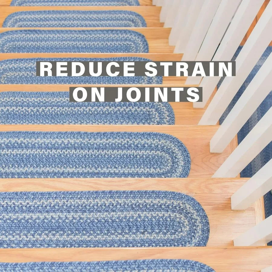 데님 주트 브레이디드 계단 매트 목재 계단용 컨트리 코스탈 데코 세트 13개 블루 8x28 직사각형 계단용 러그 쉽게 청소 가능