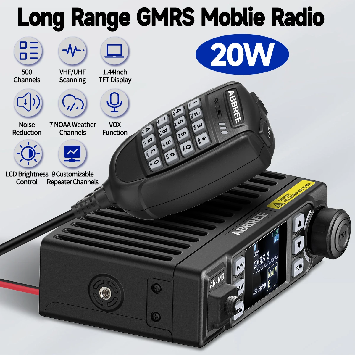 ABBREE AR-M9 GMRS Mobile Radio 20W GMRS Radio Repeater Long Range 500 Channels NOAA VOX Two Way Radio for Offroad Overlanding