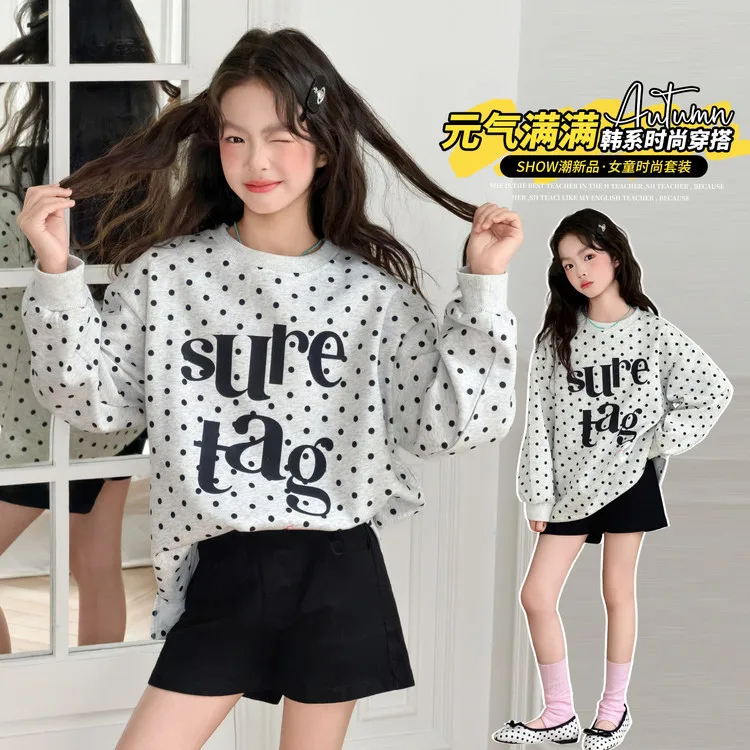 1pc 2026 spring child teenager Girls Clothes loose Polka Dots sweatshirt T-shirt hooded or short hot pant 4 8 9 10 12 Year korea