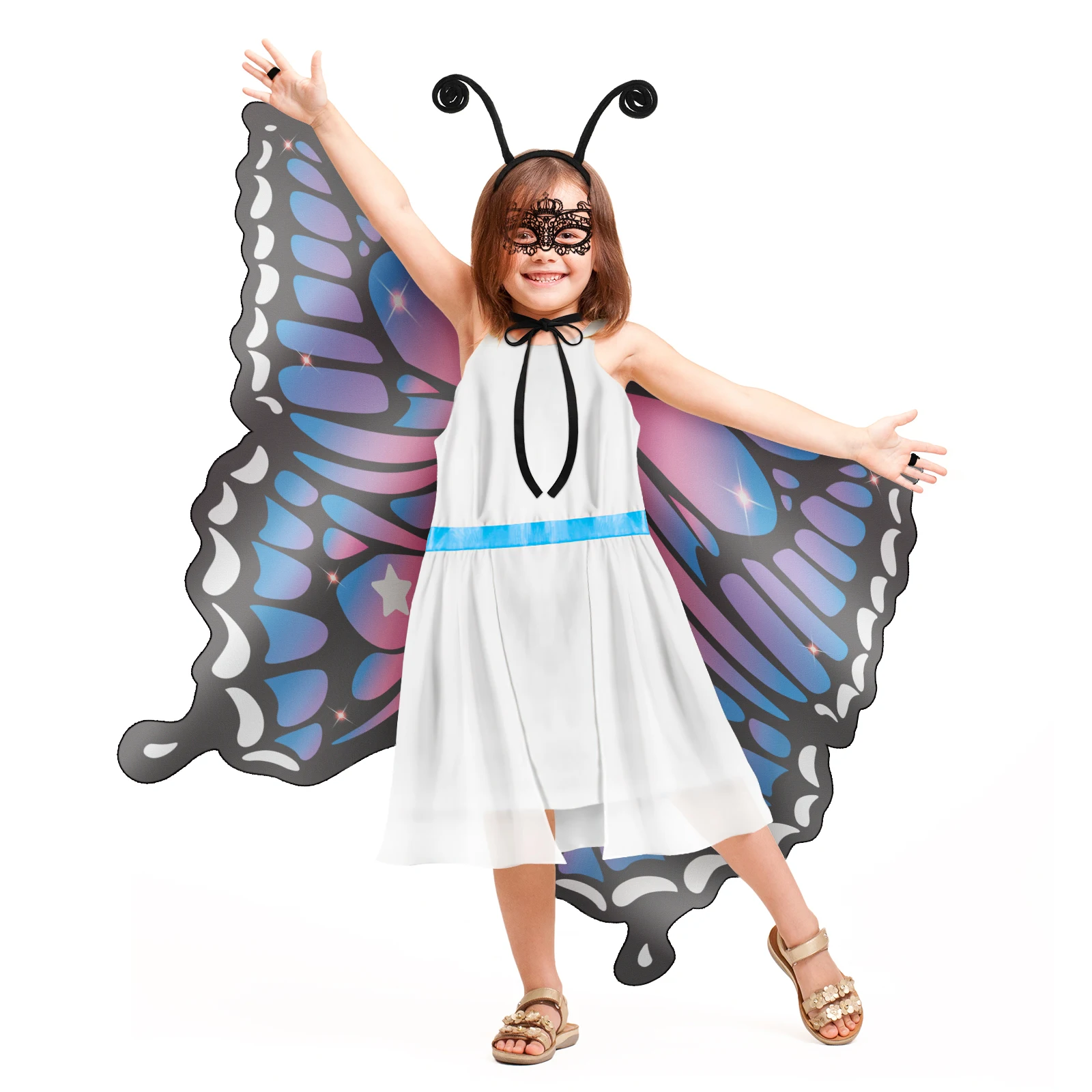 

Butterfly Costume Shawl Set Double-Sided Wings Lightweight Cape Halloween Stage Accessories Lace Mask Velvet Headband Kids