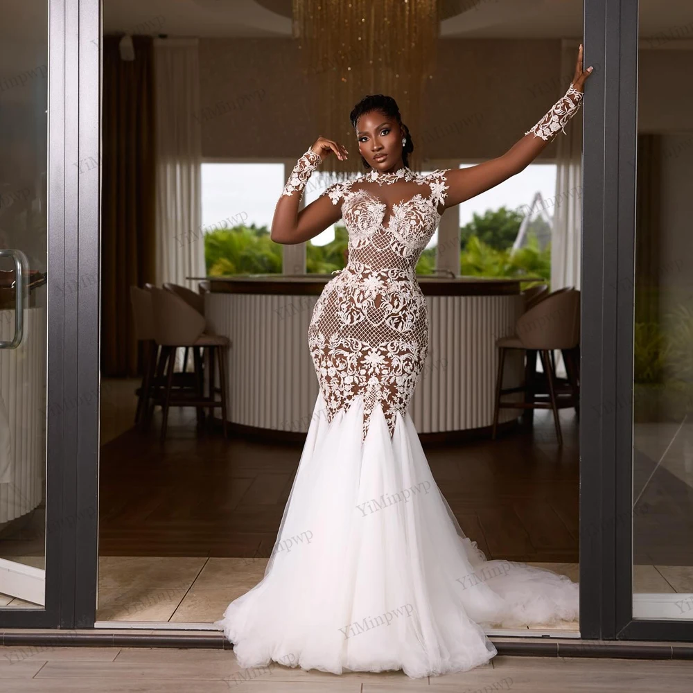

Applique Africa Mermaid Wedding Dress 2026 Lace Appliques Long Train Wedding Mermaid Dresses Illusion Sleeve O-Neck Customized