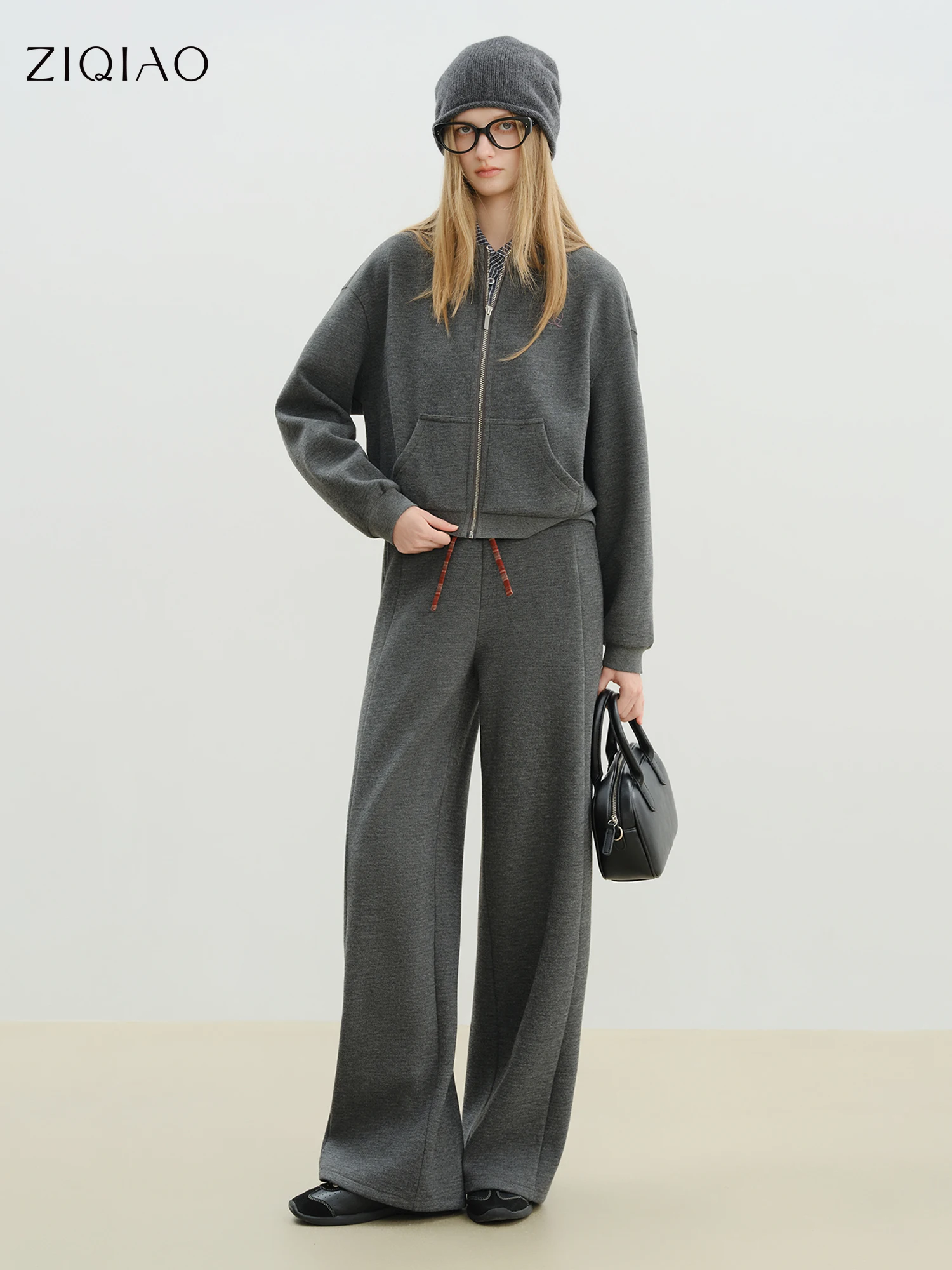 

ZIQIAO комплект миниатюрных размеров, женская куртка с клетчатыми лоскутными брюками длиной до пола, осень-зима 2021, новый повседневный спортивный костюм