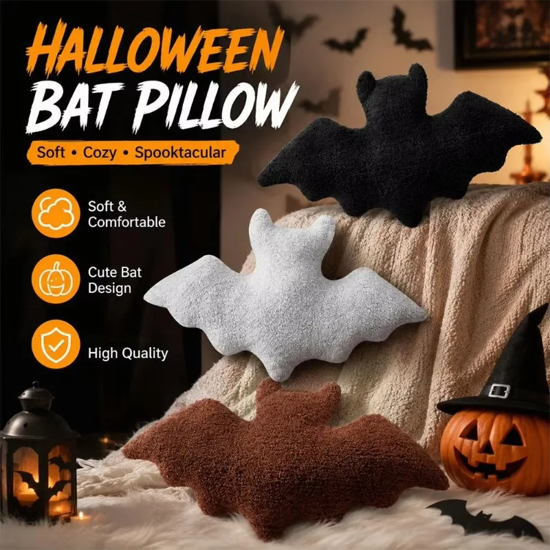 Halloween Bat Plush Pillow Soft Gothic Spooky Shaped Cushion Stuffed Throw Pillows Home Sofa Bedroom Living Room Party Decor