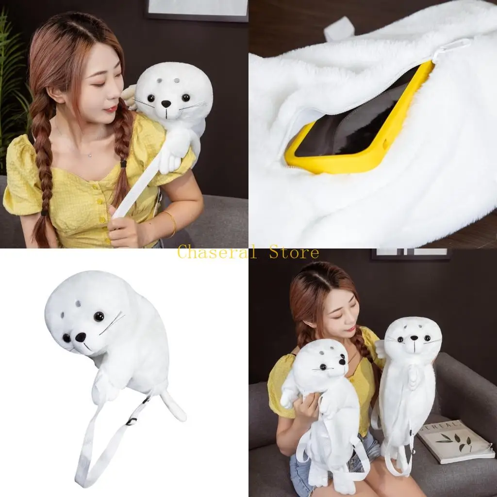 

E7CE Seal Plush Backpack For Stress Relief Throw Pillow Hugging Cushion Cartoon Shoulder Bag for Student Kids Gift