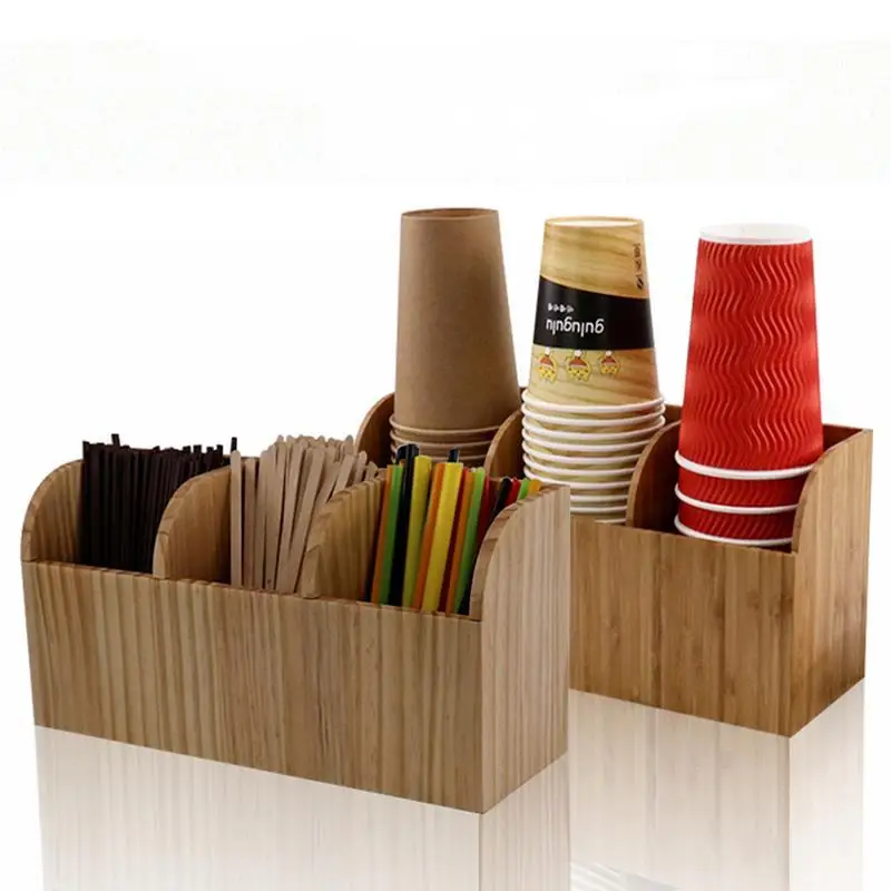 Bamboo Wood Acrylic Cup Holder Coffee Milk Tea Shop Three Grids Rack Straw Storage Organize Box Frame Container