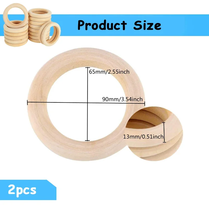 2pcs 90mm Natural Wood Rings, Unfinished Blank Macrame Ring Wooden Circle for DIY Craft Painting Pendant Connectors Home Decor