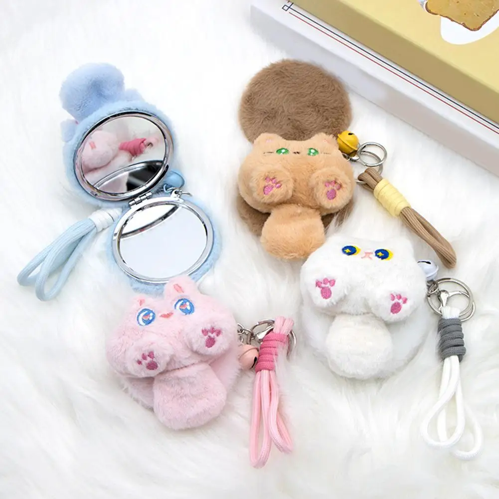Espelho de maquiagem de pelúcia dos desenhos animados kawaii macio gato boneca pingente chaveiro portátil dobrável espelho menina mochila presente