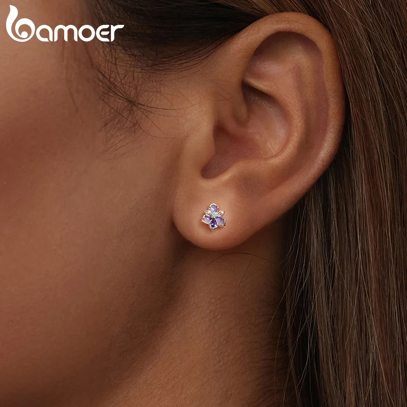 Bamoer 925 Sterling Silver Original Iris Flower Open Ring Butterfly Earrings Purple Romantic For Women Party Fine Jewelry Set