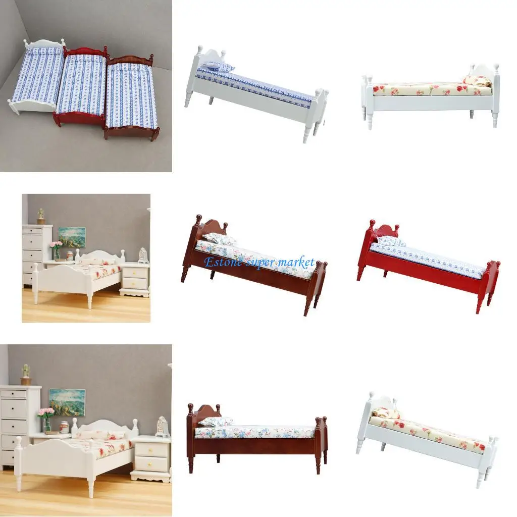 

090B Подробный комплект постельного белья, включая реалистичную односпальную кровать с резной деревянной рамой