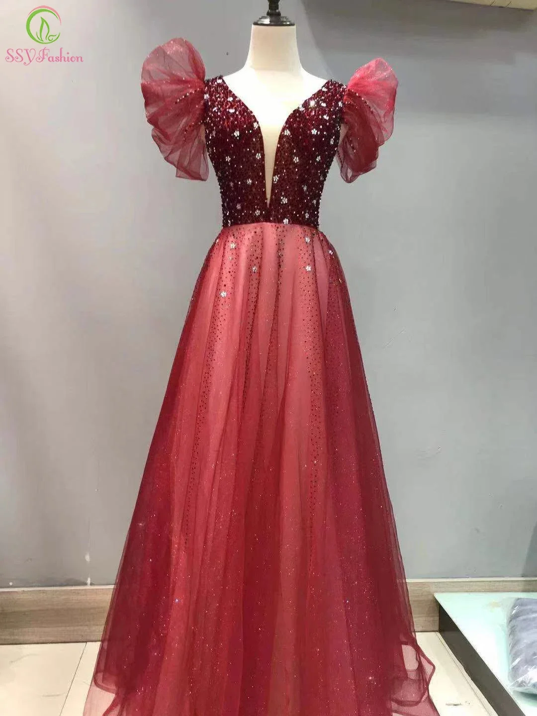 

SSYFashion Luxury Beading Evening Dress for Women Puff Sleeve A-line Sequins Floor-length Prom Formal Gowns Vestidos De Fiesta