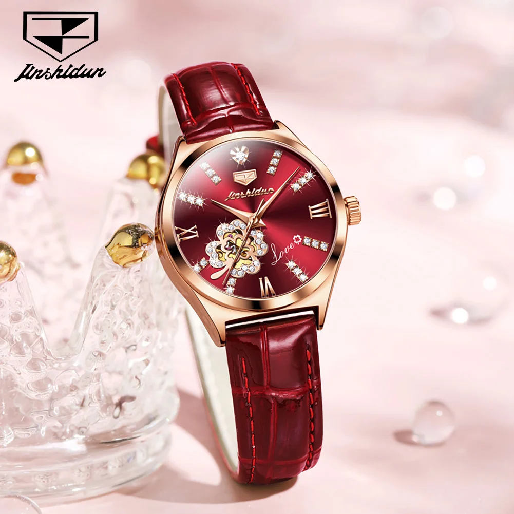 JSDUN Women's Watches Top Brand Elegant Fashion Leather Strap Original Automatic Mechanical Wristwatch for Lady Flower Dial 8924