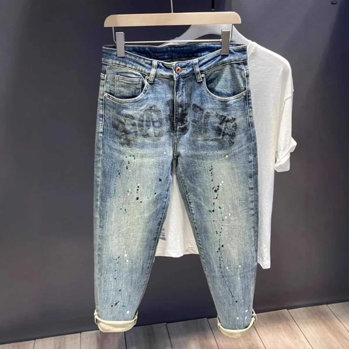 

2026 Jeans Men's Spring and Summer Trendy Brand Retro Slim Fit Non-elastic Letter Straight Trendy Washed Small Foot Pants