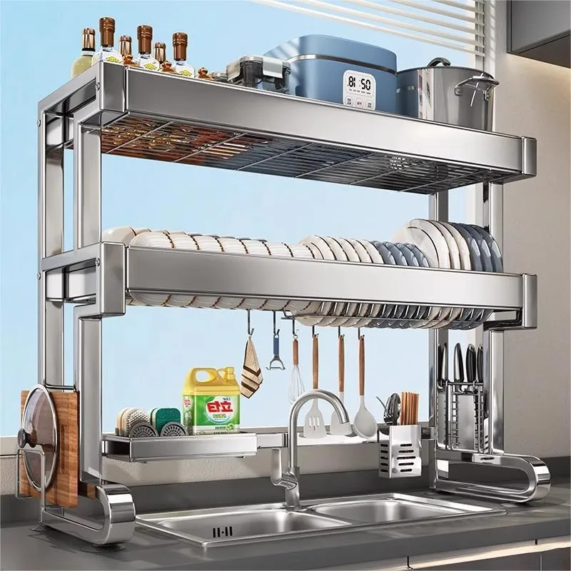 Stainless Steel Multi-Function Sink Rack Kitchen Countertop Single Or Double Tier Dish Drainer Utensil Basket Knife Holder