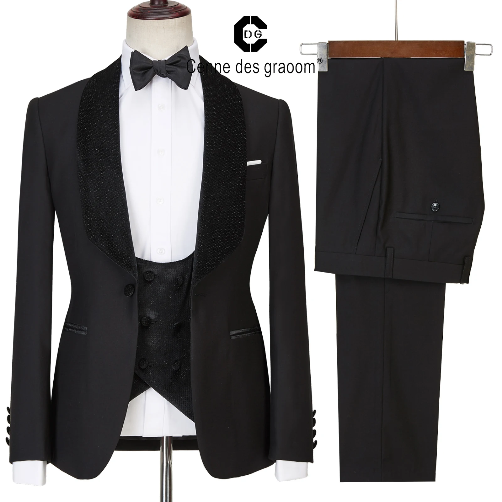 

Bosdan Gulden New Men Suits Black Velvet Lapel Prom Tuxedo 3 Pieces Set Single Breasted For Wedding Banquet Dinner Party Male