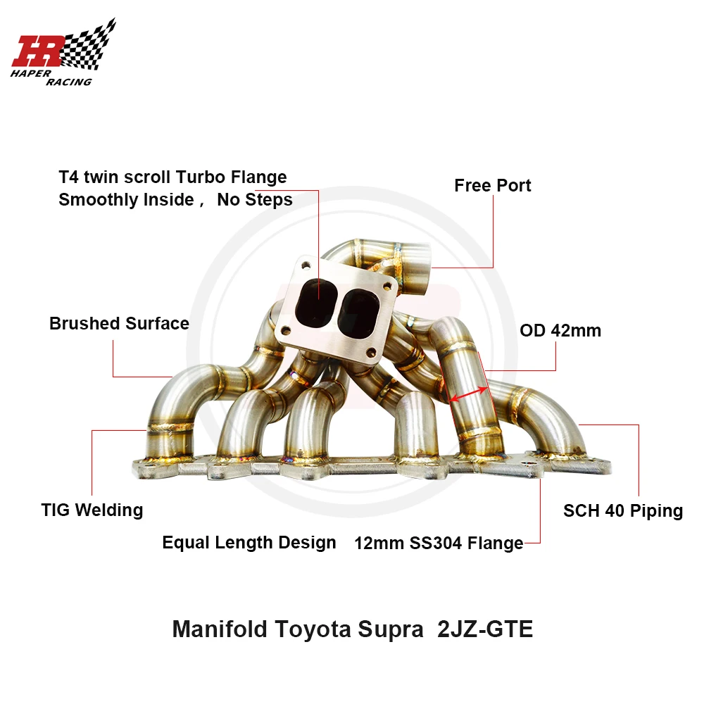

HAPER RACING SS304 3mm steam pipe Manifold For 2JZ-GTE 2jzget T4 Twin Scroll Billet Equal Length Turbo Manifold