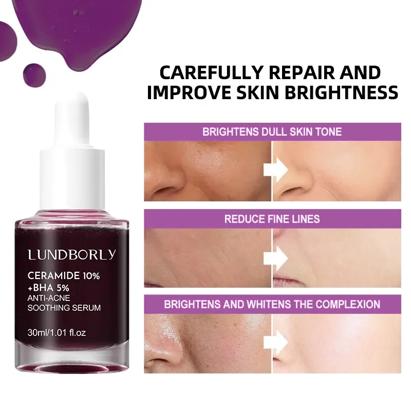 

Ceramide 10% + BHA 5% Serum clears pores brightens skin tone face essence serum soothes redness lightweight and non-greasy