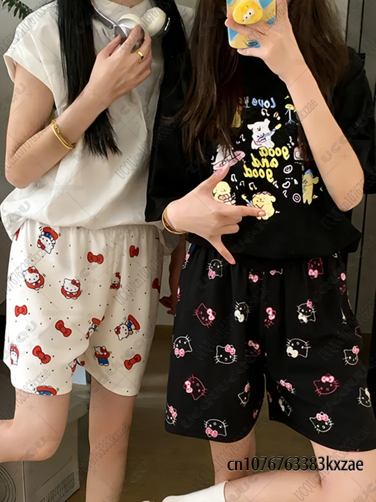 

Sanrio Hello Kitty пижамные штаны в стиле аниме, летние пляжные короткие свободные повседневные шорты, домашняя одежда для пар с героями мультфильмов, женские домашние короткие штаны